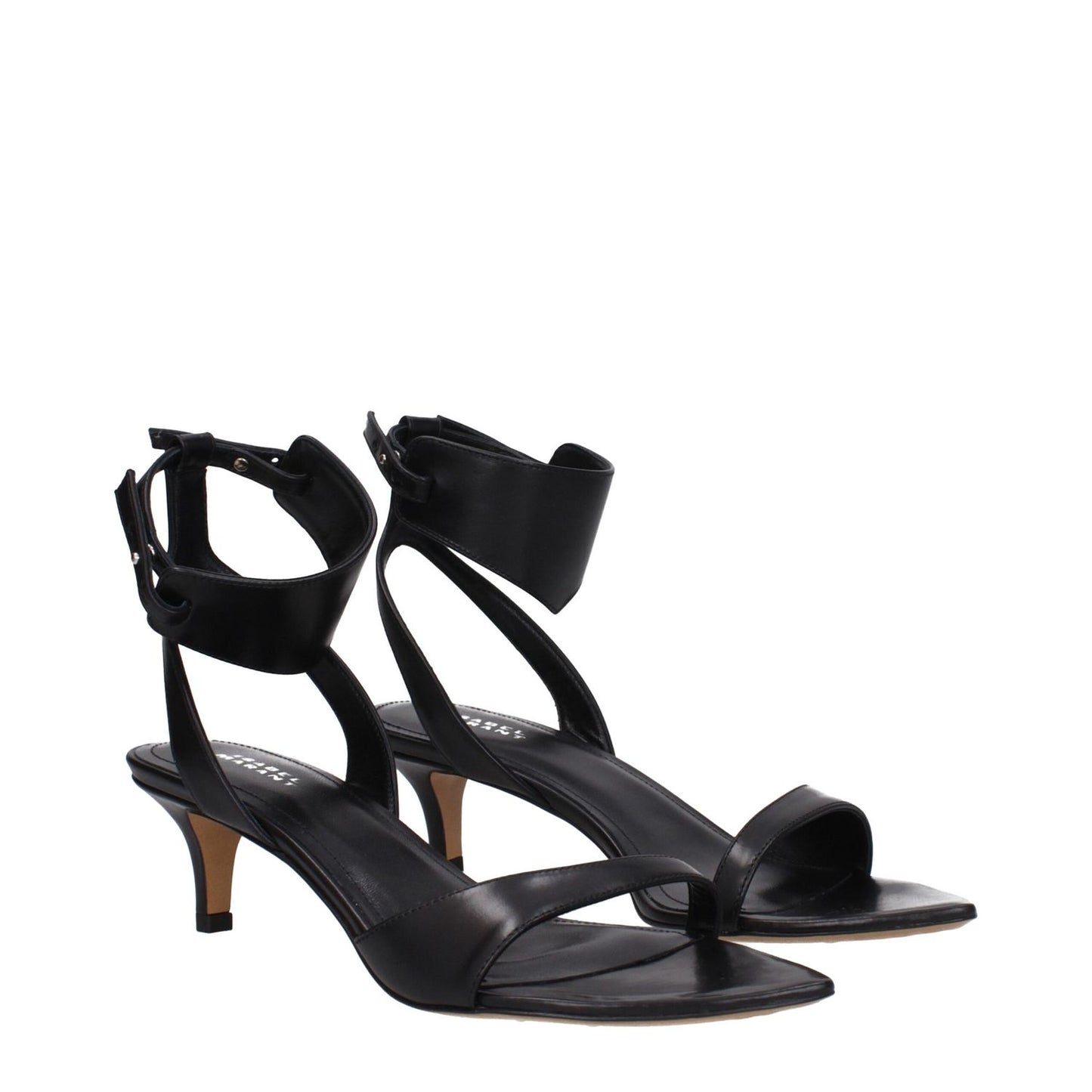 Isabel Marant Black Leather Flat Sandals with buckle closure and mid heels, featuring open toe and leather sole, MPN SD0166FAB2A02S01BK.