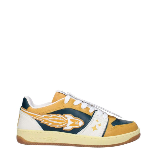 Enterprise Japan Green Leather Low Top Sneakers with front and back detail, casual style, mustard accents, lace-up closure, rubber sole.
