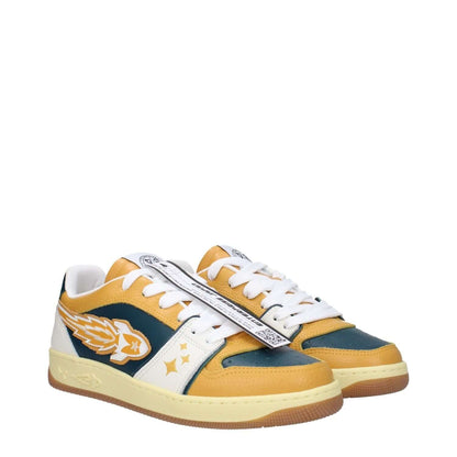 Enterprise Japan Green Leather Low Top Sneakers with mustard and green accents, featuring front logo and rubber sole. Casual lace-up design.