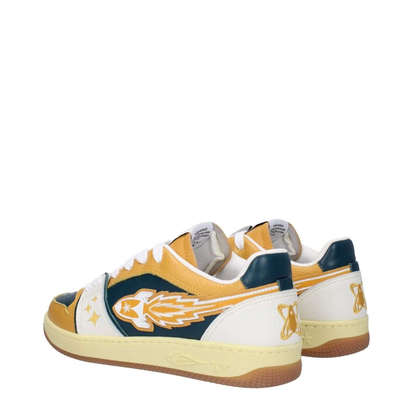 Enterprise Japan Green Leather Low Top Sneakers with logo, front and back detail, mustard accents, round toe, and rubber sole.