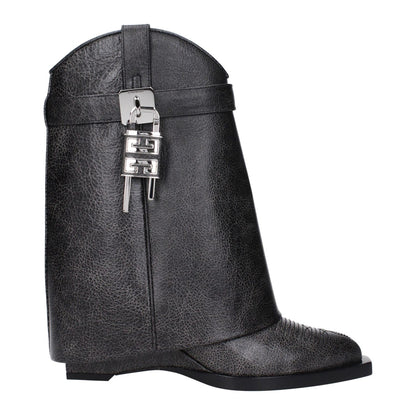 Givenchy Black Leather Ankle Boots with wedge heel, silver side logo, aged vintage effect, and pointy toe design