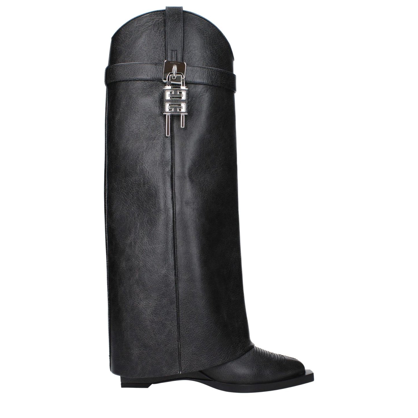 Givenchy Black Leather Boots with aged and vintage effect, side detail, pointy toe, and silver accents. Stylish casual footwear.