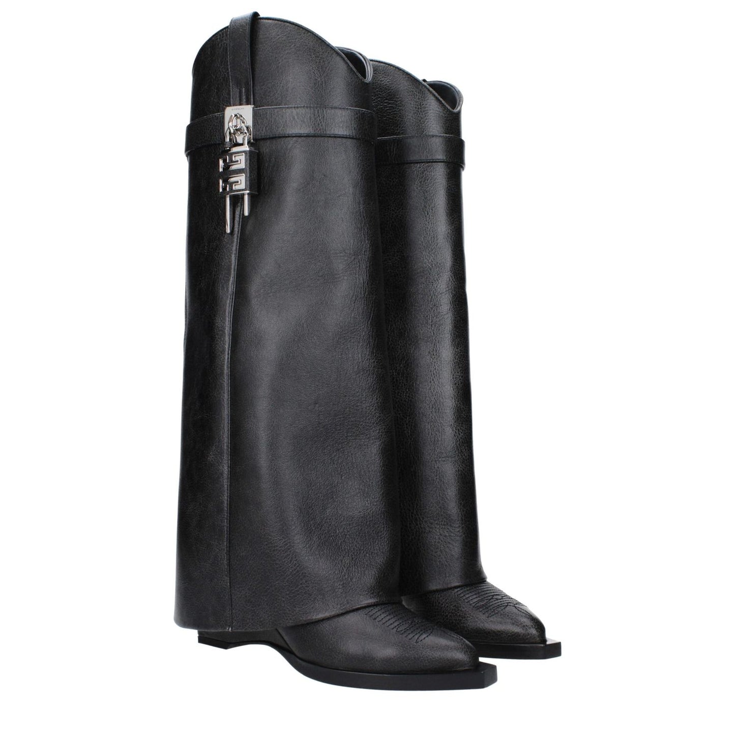 Givenchy Black Leather Boots with aged effect, side detail, wedge heel, and pointy toe.