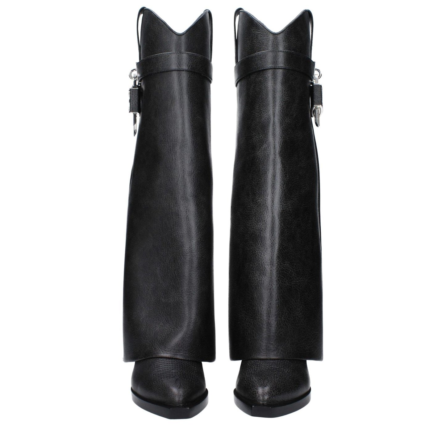 Givenchy Black Leather Boots with vintage effect and side detail, featuring a pointy toe, wedge heel, and silver accents.