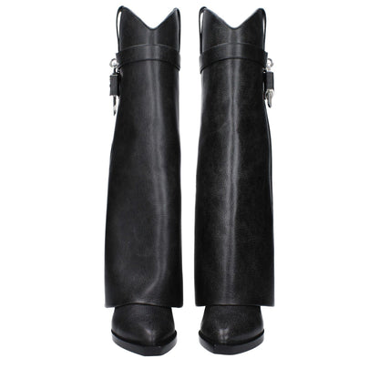 Givenchy Black Leather Boots with vintage effect and side detail, featuring a pointy toe, wedge heel, and silver accents.