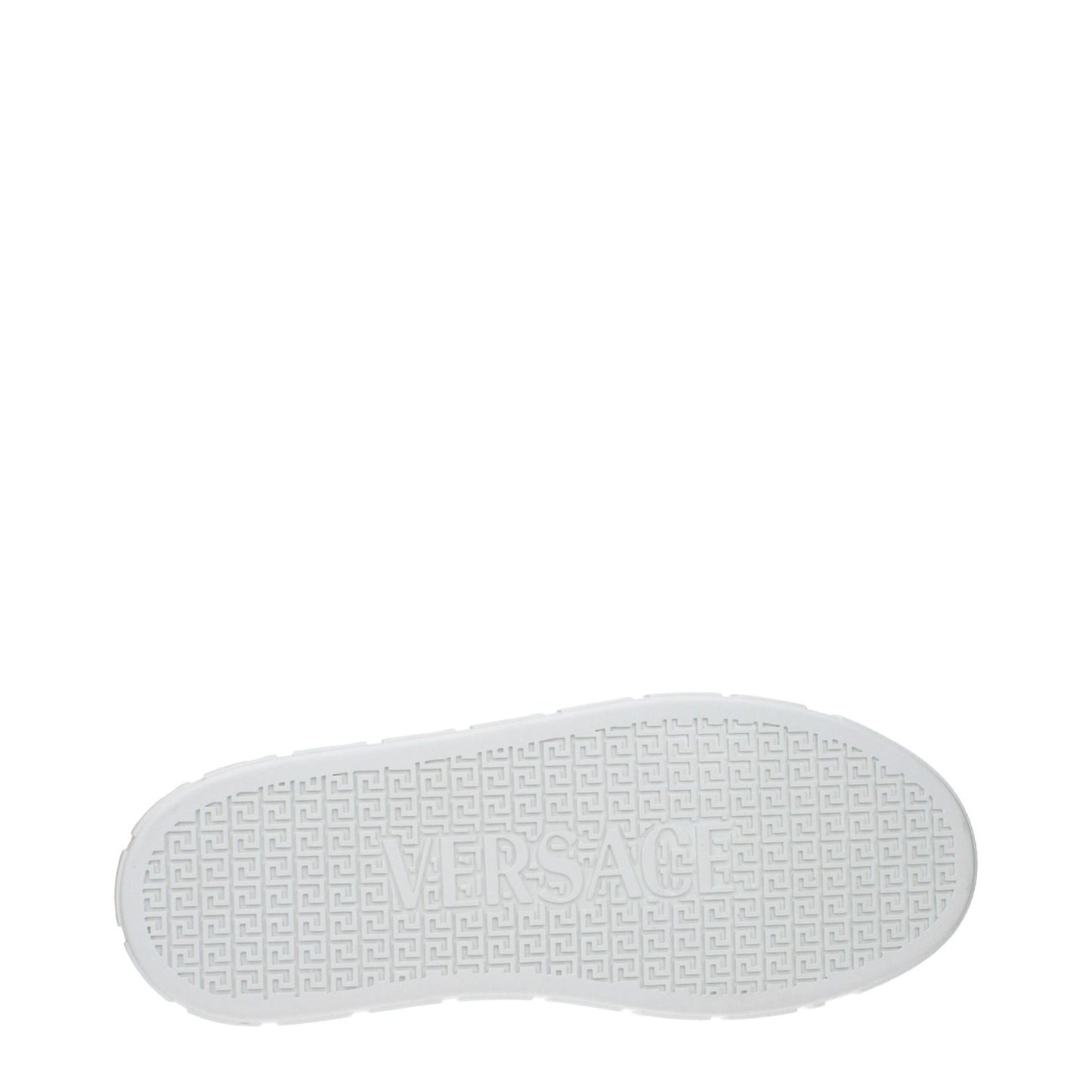 Sole view of Versace White Leather Low Top Sneakers with embossed logo and pattern.