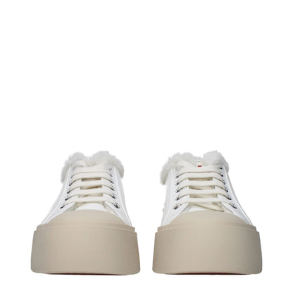 Marni White Leather Low Top Sneakers with fur detail, lace-up closure, rubber sole, and front logo, showcasing casual style and comfort.