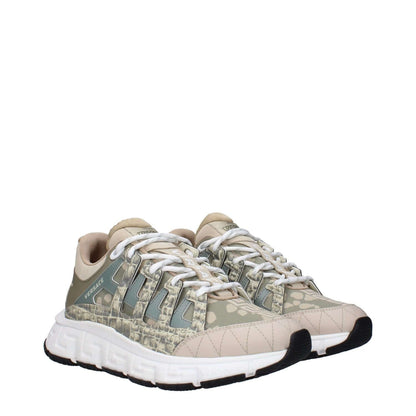 Versace Green Fabric Low Top Sneakers with lace-up closure, rubber sole, and logos on front, side, and back, featuring taupe accents.