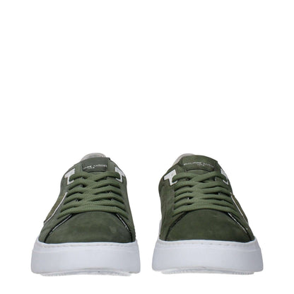 Front view of Philippe Model Green Leather Low Top Sneakers featuring logo details and suede material.