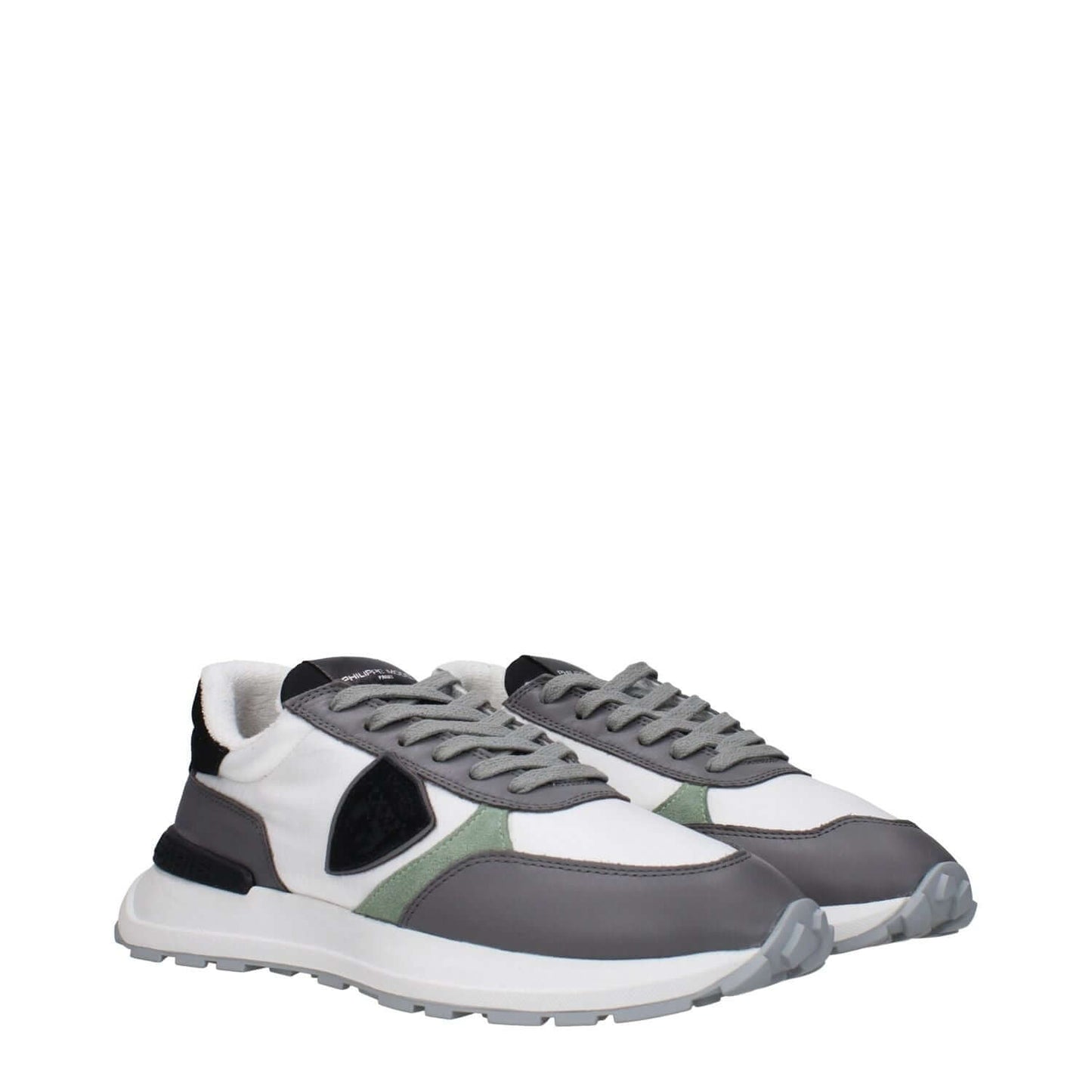 Philippe Model White Fabric Low Top Sneakers with front and back logo and vintage effect design.