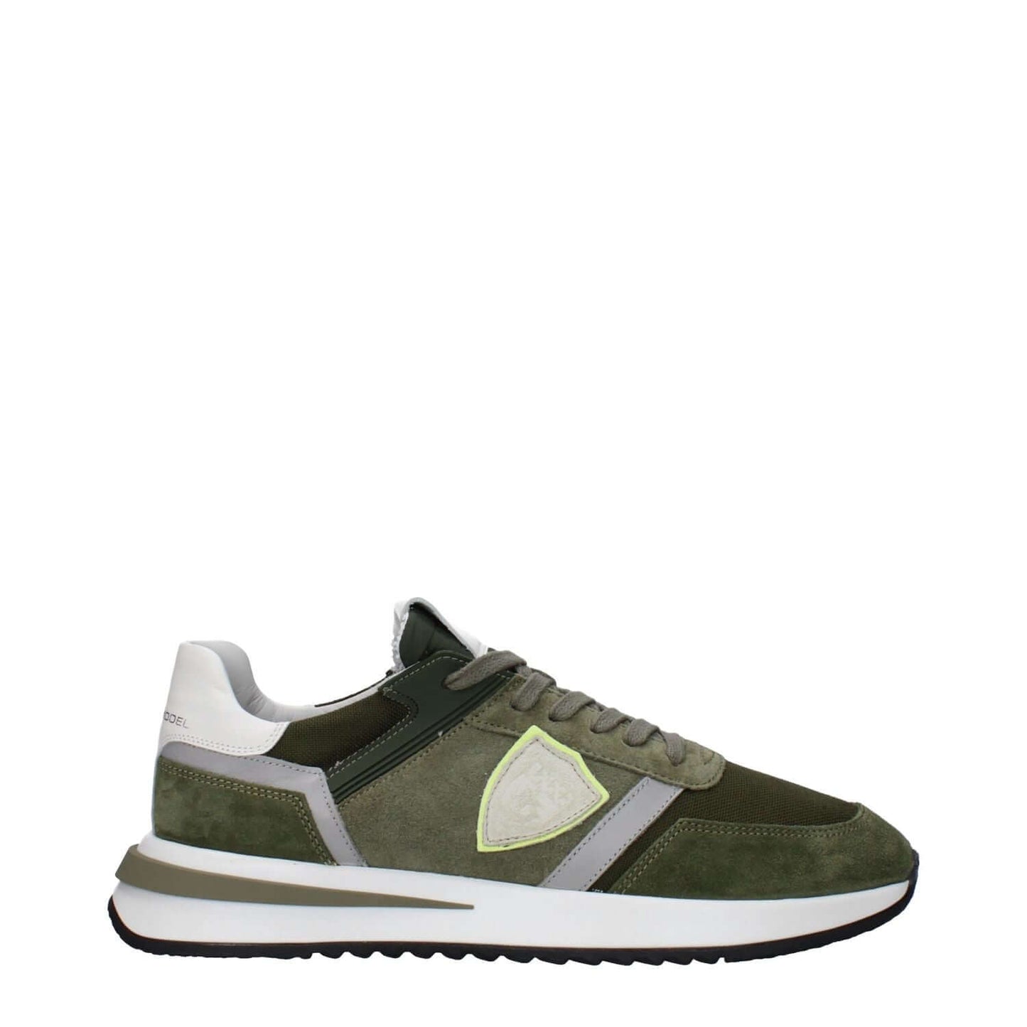 Philippe Model Green Leather Athletic Sneakers with suede finish, front and back logos, lace-up closure, and rubber sole, mid heel.
