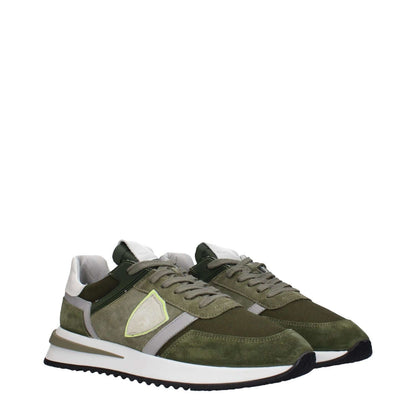 Philippe Model Green Leather Athletic Sneakers with suede material and rubber sole, featuring front logo and lace-up closure.