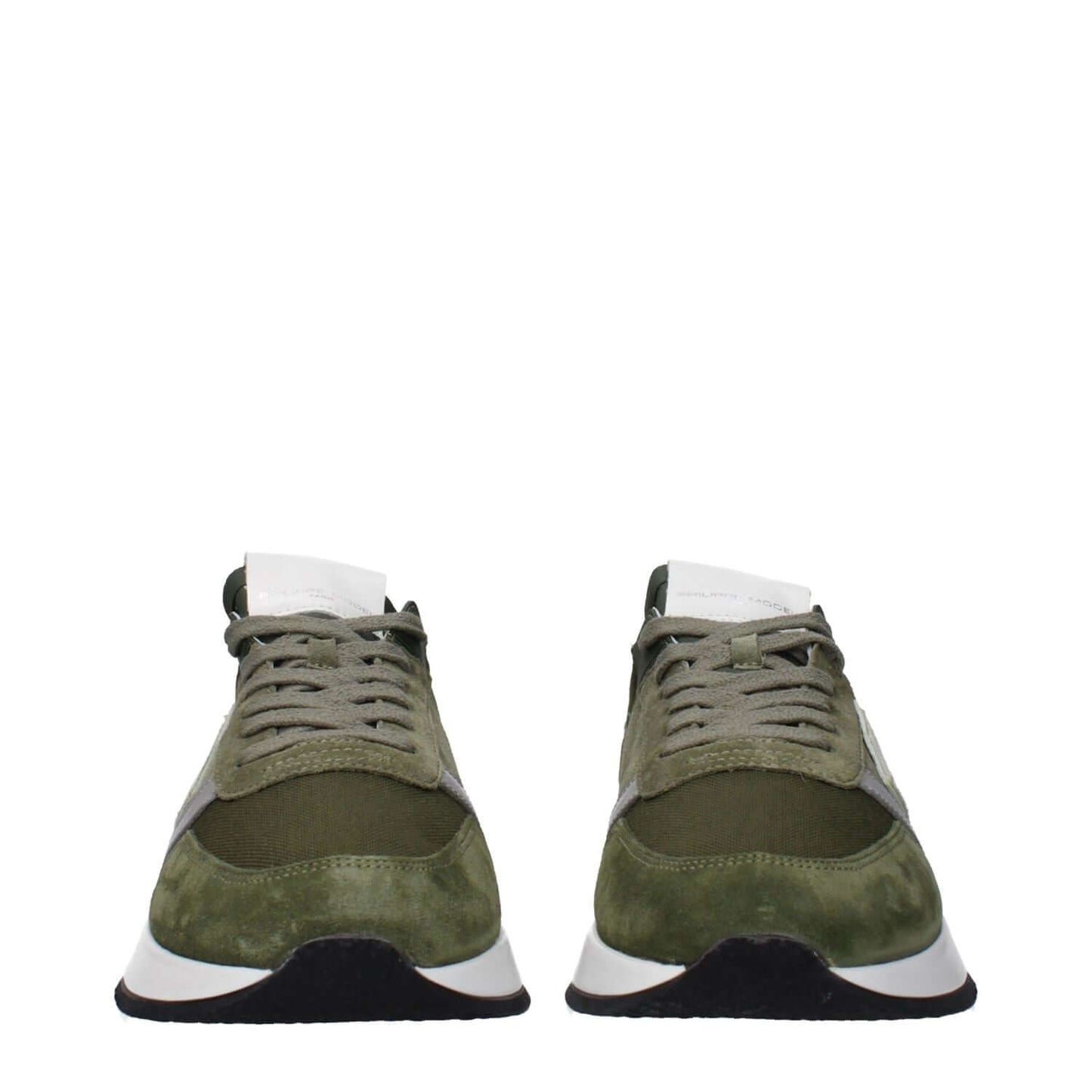 Philippe Model Green Leather Athletic Sneakers with lace-up closure and rubber sole, featuring front and back logo details.