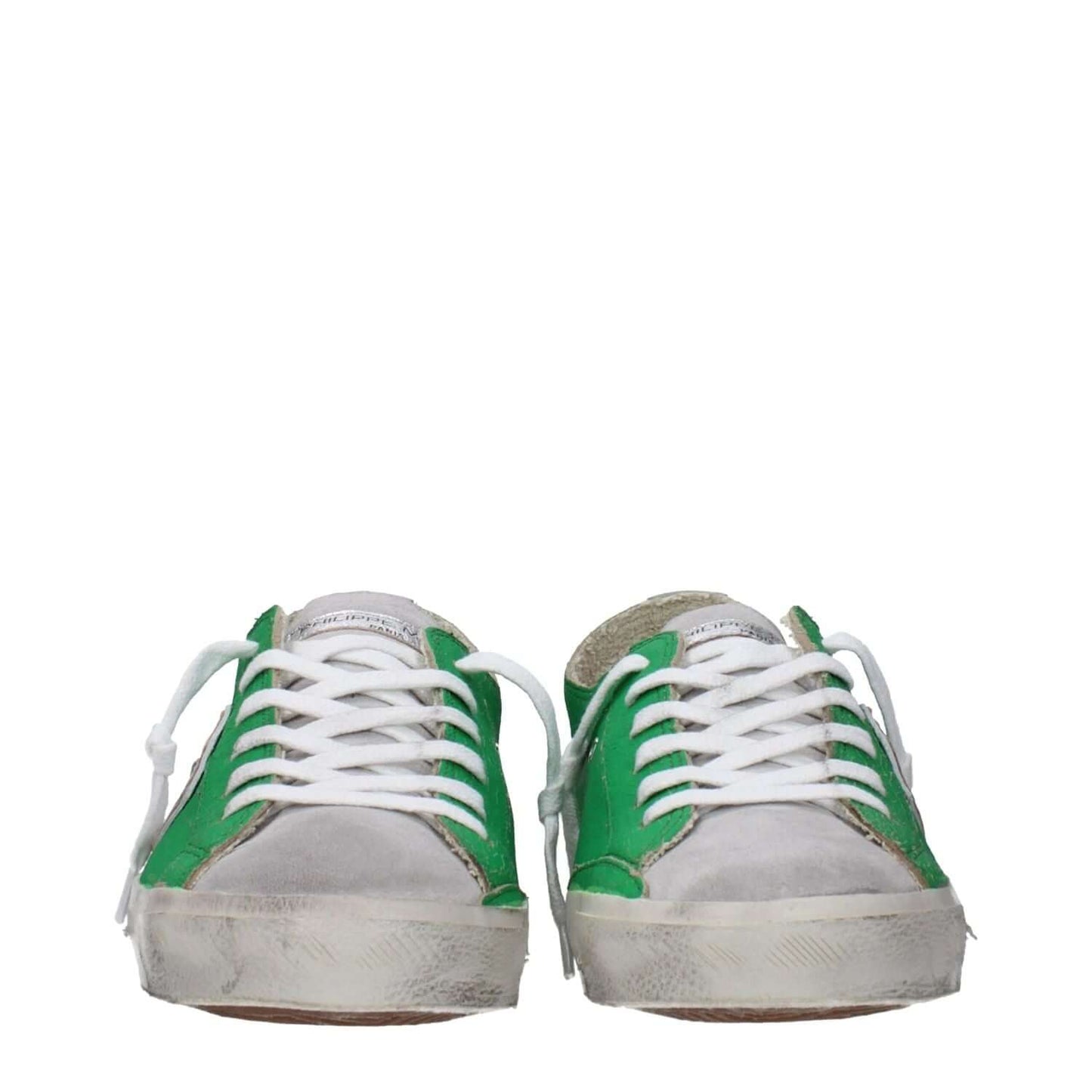 Alt Tag: Philippe Model Green Leather Low Top Sneakers with vintage, aged, distressed, and spotted effects, front view.