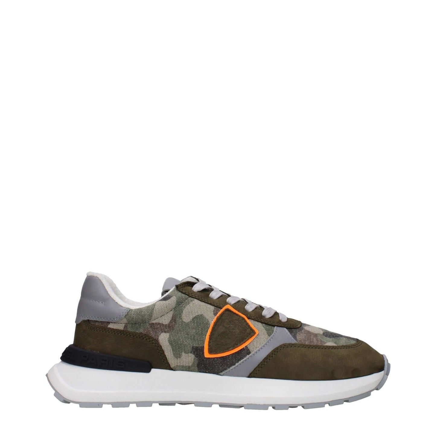 Philippe Model Green Fabric Chunky Sneakers with camo design, front and back logo, and side detail.
