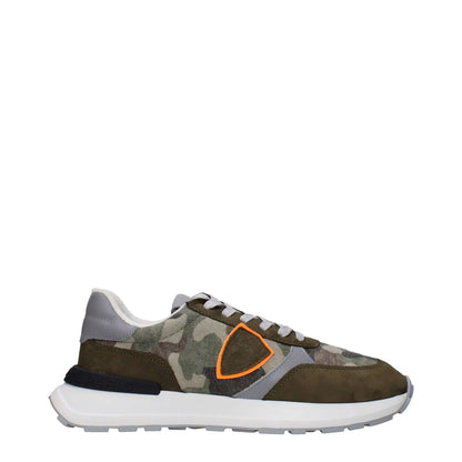 Philippe Model Green Fabric Chunky Sneakers with camo design, front and back logo, and side detail.