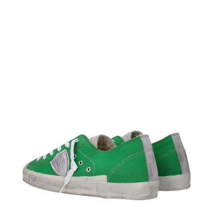 Philippe Model Green Leather Low Top Sneakers with vintage and aged effects, front logo, and distressed accents. Side view of the sneakers.