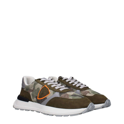 Philippe Model Green Fabric Chunky Sneakers with camo design, logos, and side details.