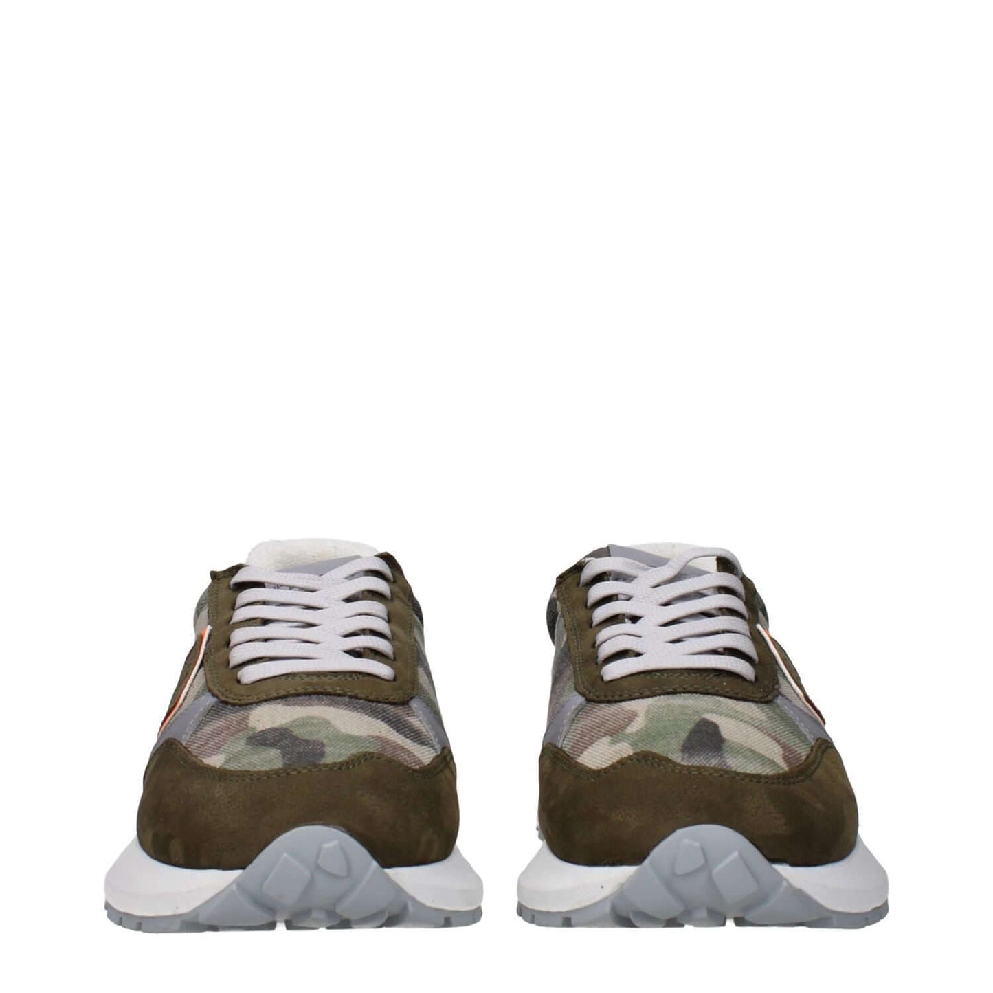 Philippe Model Green Fabric Chunky Sneakers with camouflage pattern, featuring front logo, for stylish and modern footwear enthusiasts.