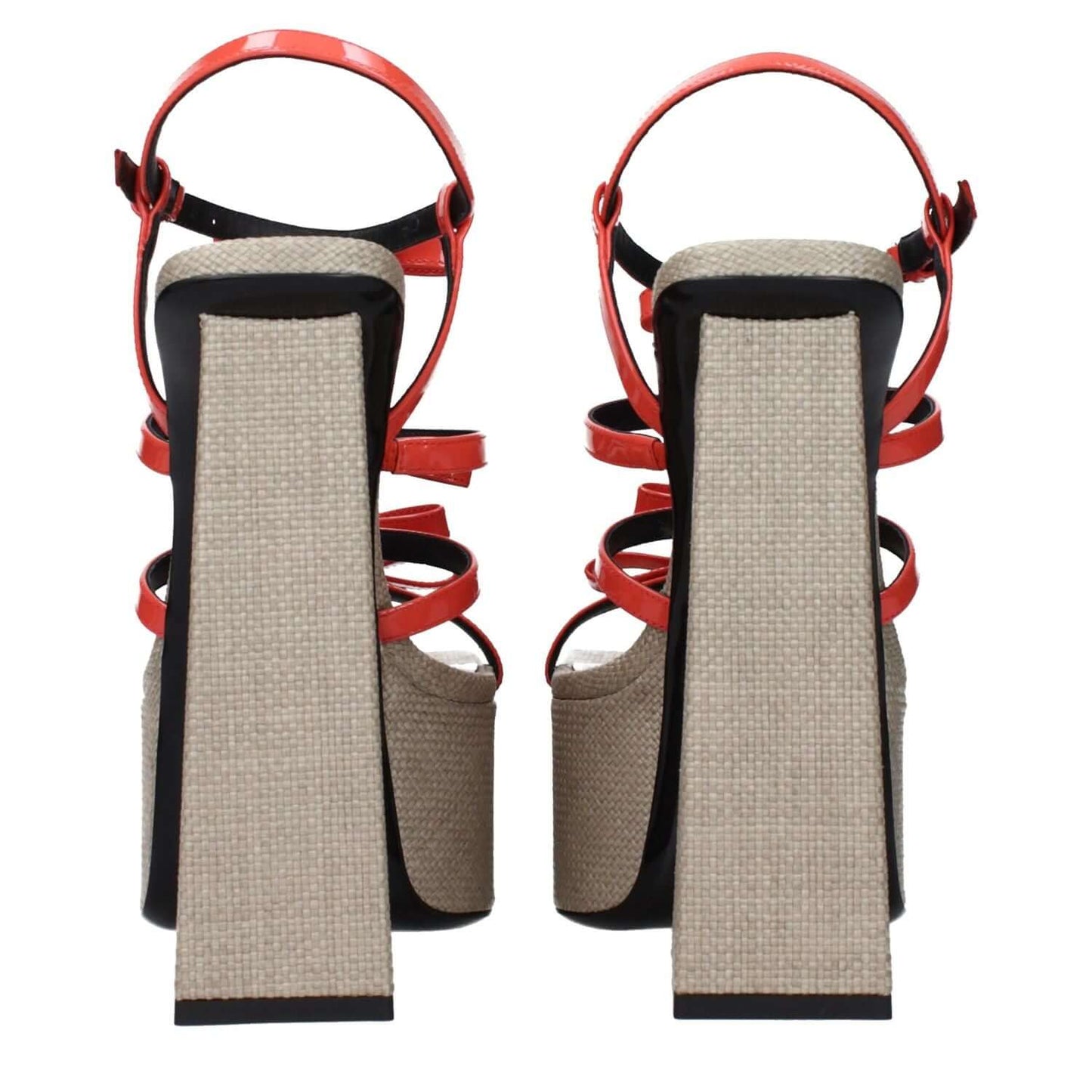 Back view of Versace Orange Leather Platform Sandals with distinctive patent leather and front logo detailing.