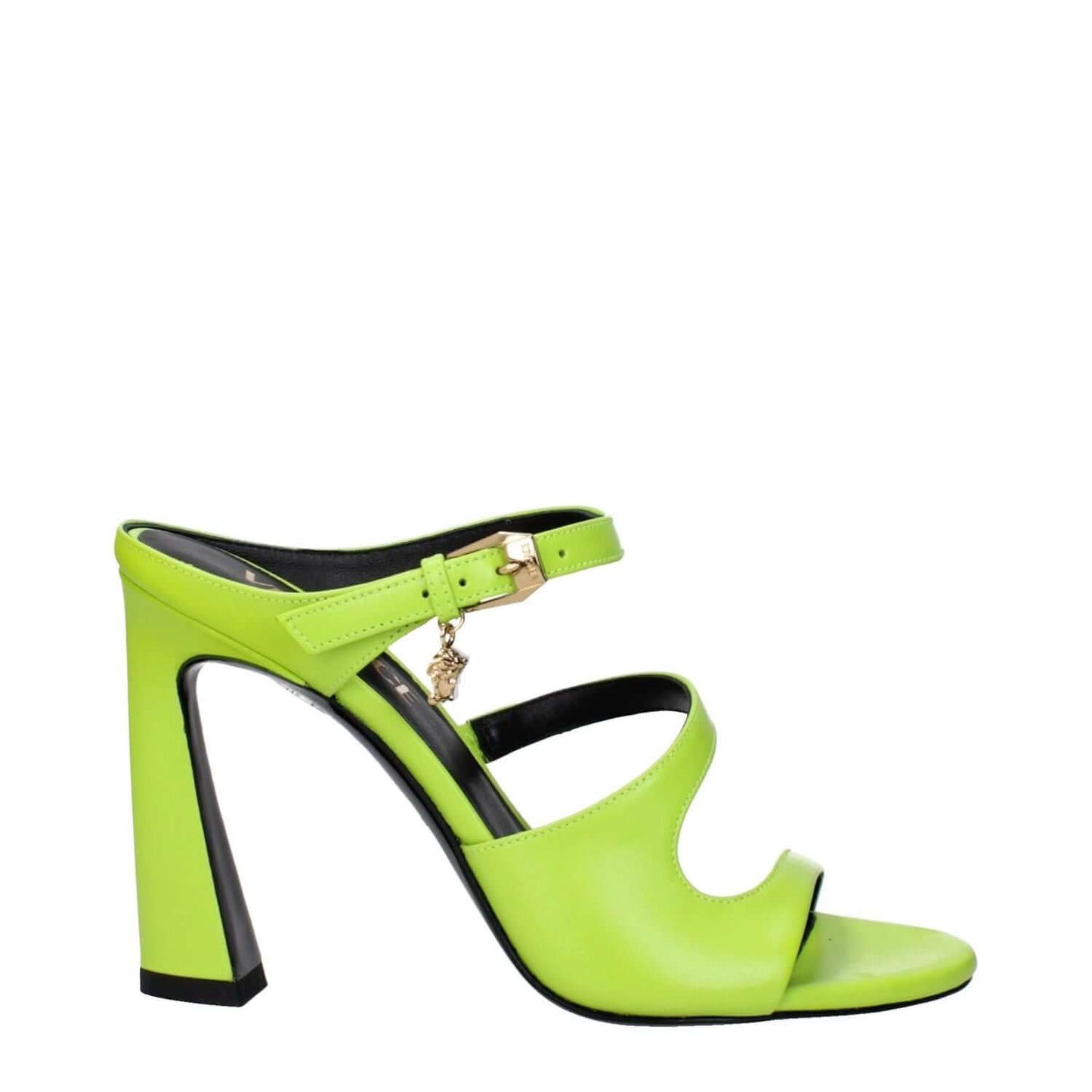 Versace Green Leather Stiletto Heel Sandals with buckle closure and gold side detail, open toe design