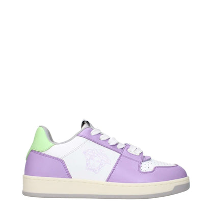 Versace White Leather Low Top Sneakers with lilac and green accents, lace-up closure, and rubber sole featuring logo details on front, side, back.