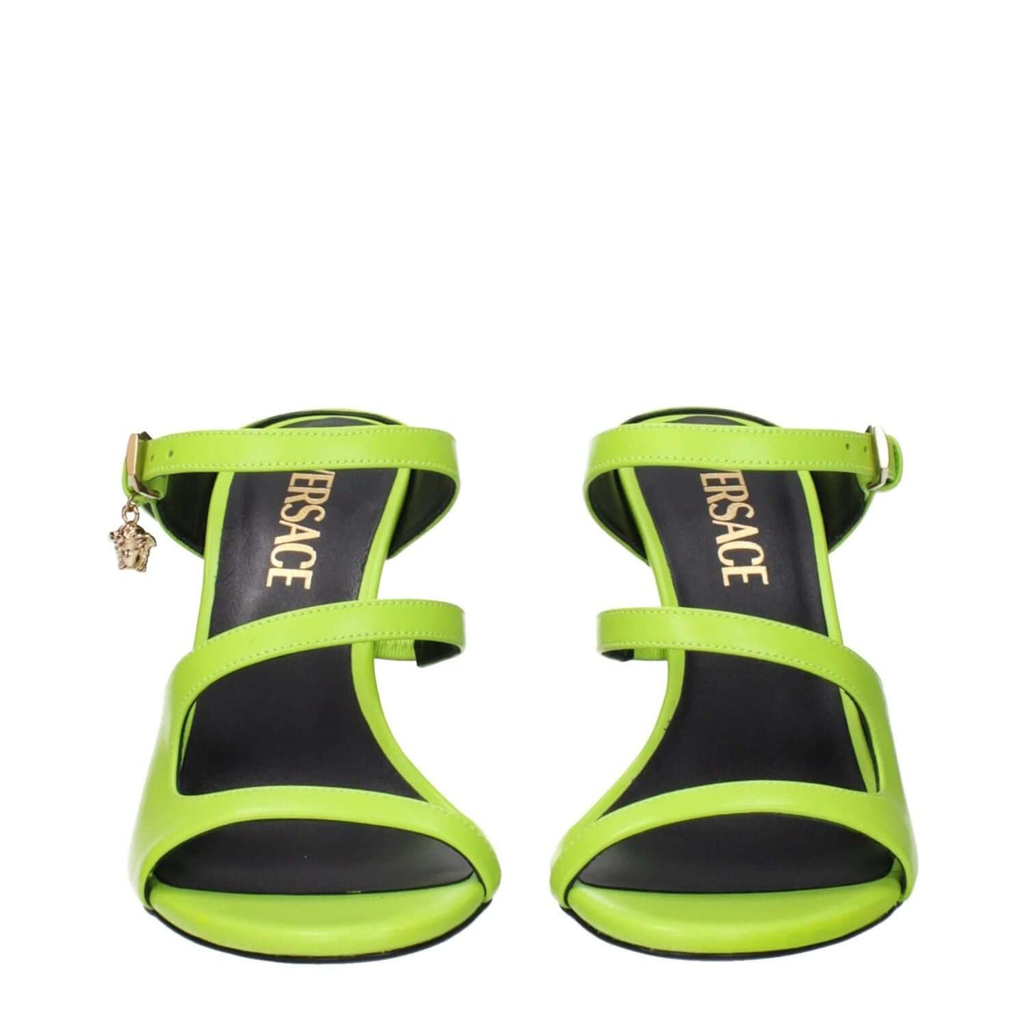 Versace Green Leather Stiletto Heel Sandals with gold buckle closure, open toe, and high heel design.