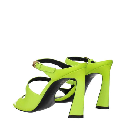 Versace Green Leather Stiletto Heel Sandals with gold side logo and buckle closure, featuring lime and high heel design.