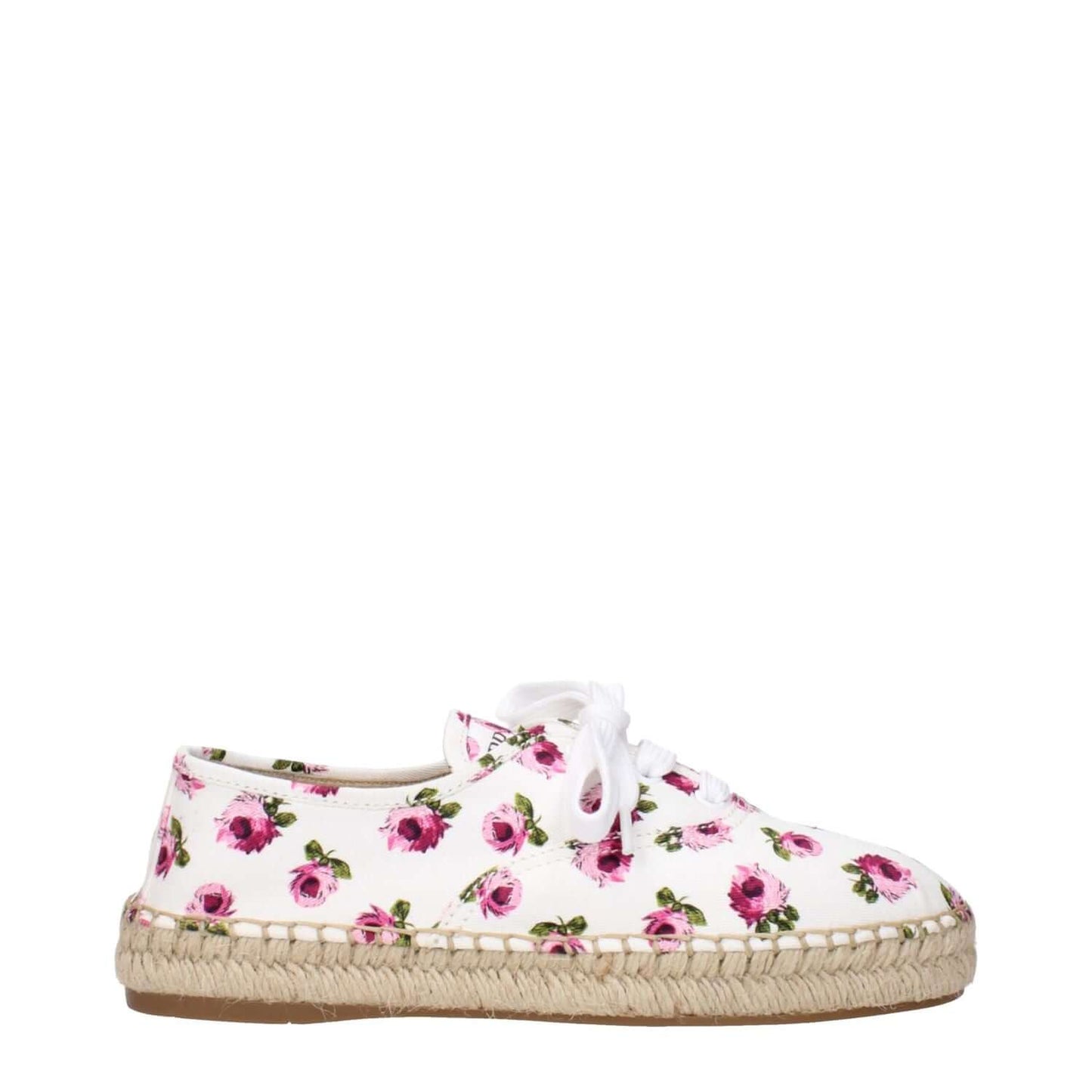 Prada White Fabric Espadrilles in floral design with front logo detailing, side view.