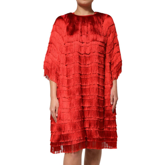 Dolce & Gabbana Red Silk Tiers Fringe Shift Knee Length Dress DR81822-40