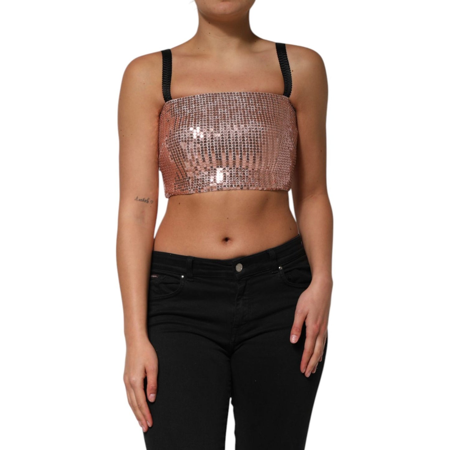 Dolce & Gabbana Pink Sequined Nylon Sleeveless Cropped Top