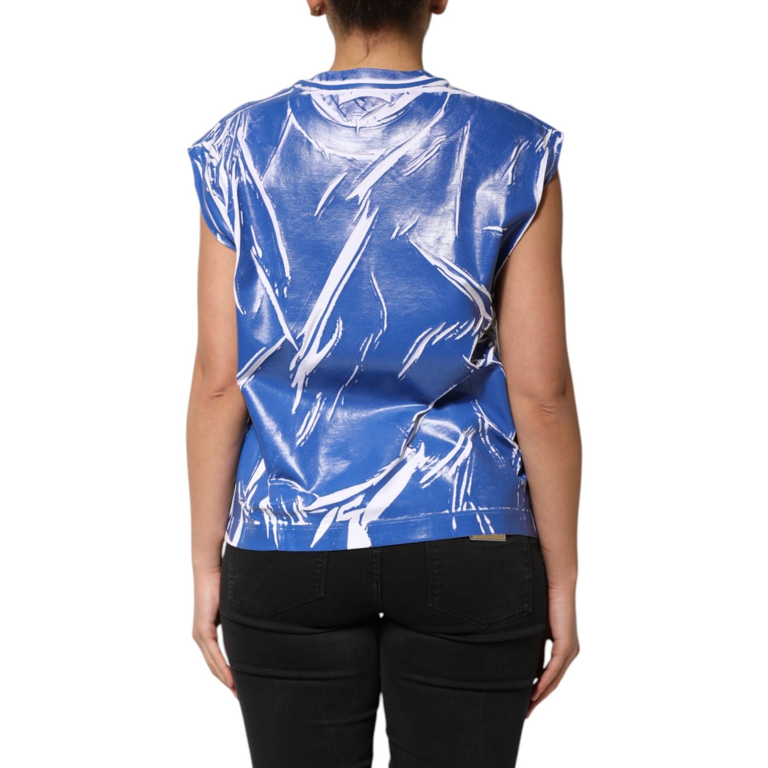 Dolce & Gabbana Blue White Cotton Logo Plaque Women Tank Top