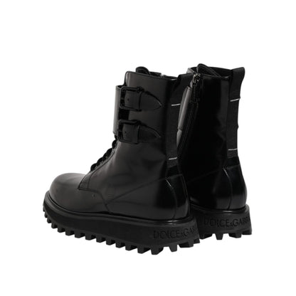 Dolce & Gabbana Black Leather Lace Up Mid Calf Boots Shoes