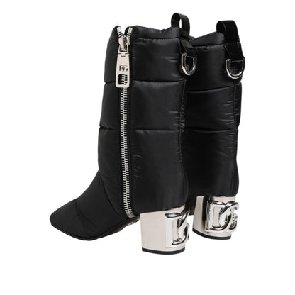 Dolce & Gabbana Black Padded Mid Calf Logo Heel Boots Shoes
