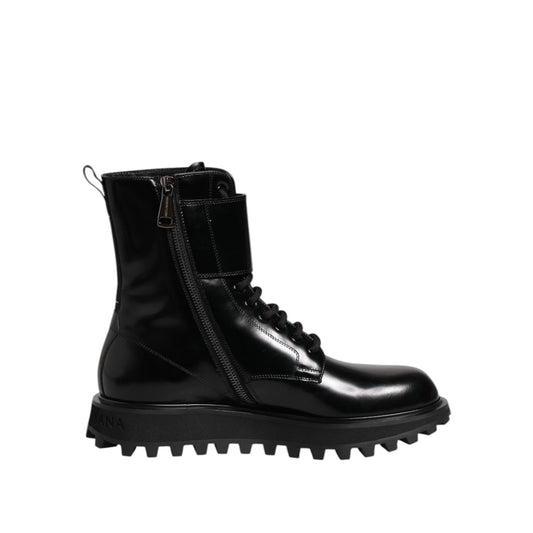 Dolce & Gabbana Black Leather Lace Up Mid Calf Boots Shoes