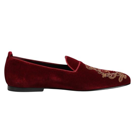 Dolce & Gabbana Red Velvet Gold Crown Mens Loafers Shoes MV7809-42