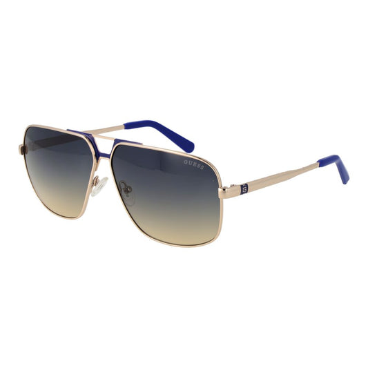 Guess Silver Metal Sunglasses for men with silver full-rim metal frame, blue gradient plastic lenses, and aviator style.