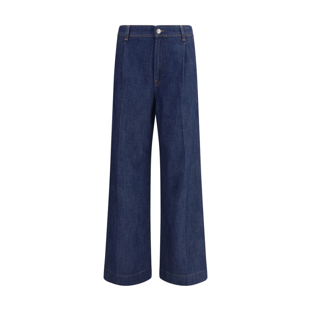 7FOR Blue Modal Jeans Denim with wide leg, high waist, pleated details, zipper closure, and welt pockets for a contemporary look.