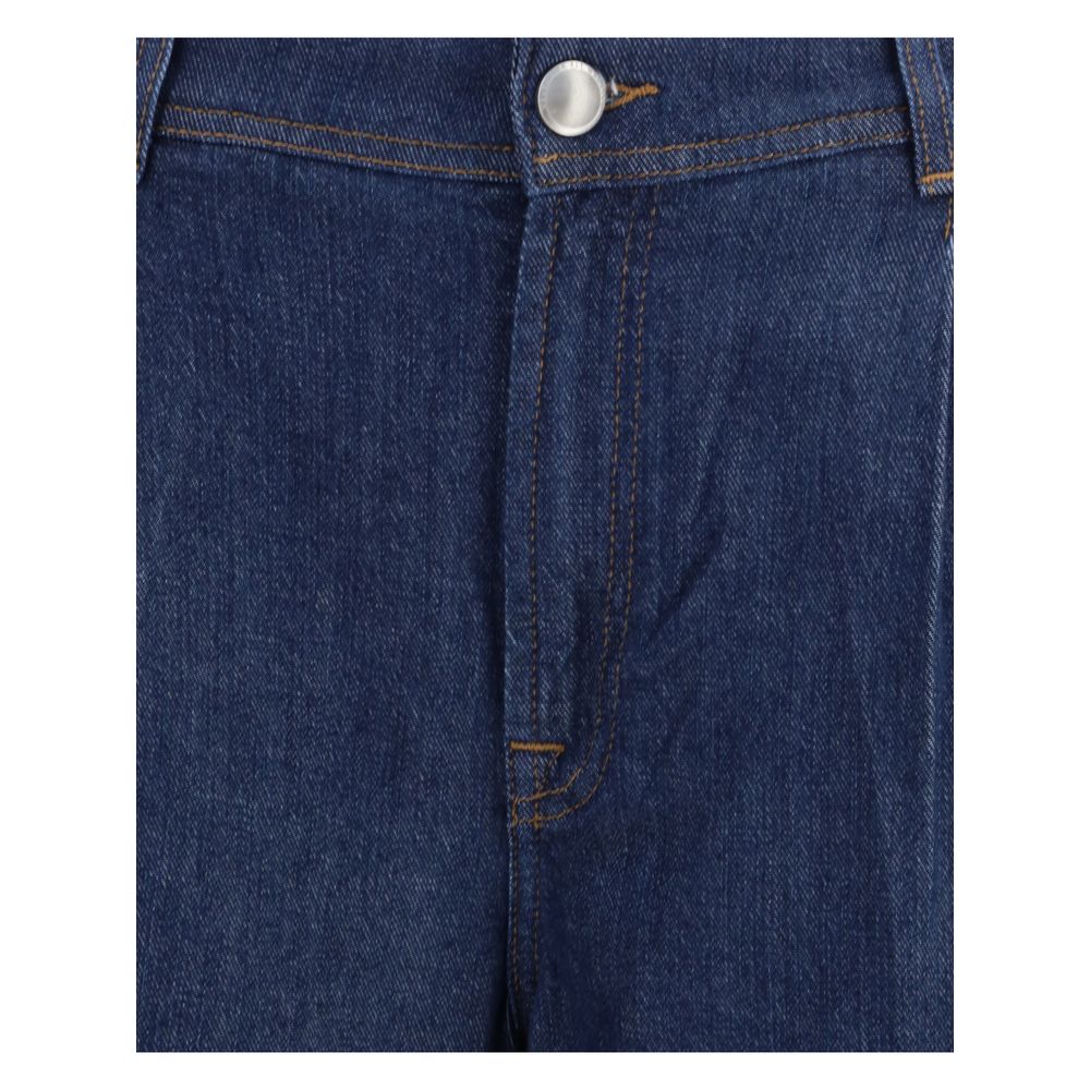 Close-up of 7FOR Blue Modal Jeans Denim showing front button and zipper closure on high-waisted design with pleated details.