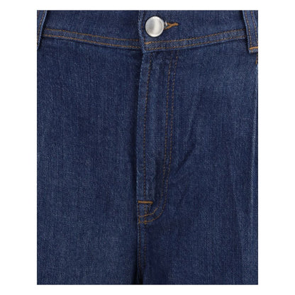 Close-up of 7FOR Blue Modal Jeans Denim showing front button and zipper closure on high-waisted design with pleated details.