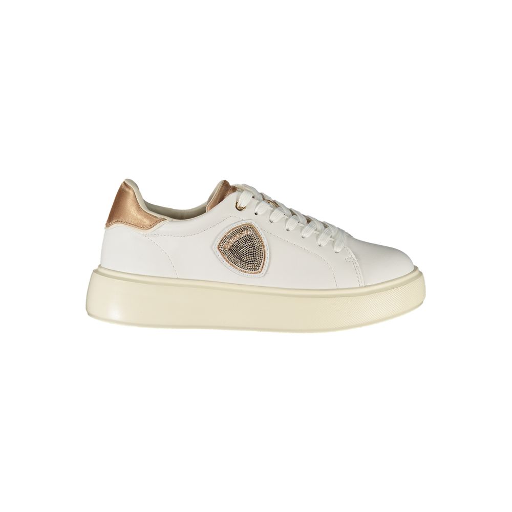 Alt Tag: Blauer White Leather Women Sneaker with bronze accents and logo, designed for casual streetwear style and comfort.