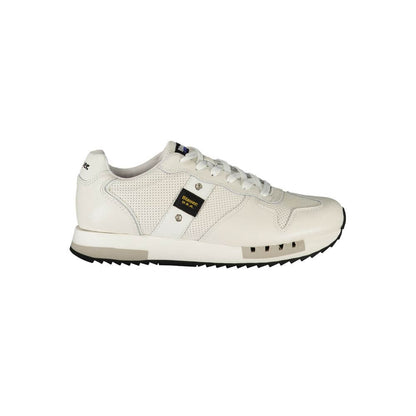 Blauer White Leather Men Sneaker with black sole and contrasting details, featuring a removable insole and iconic Blauer logo.