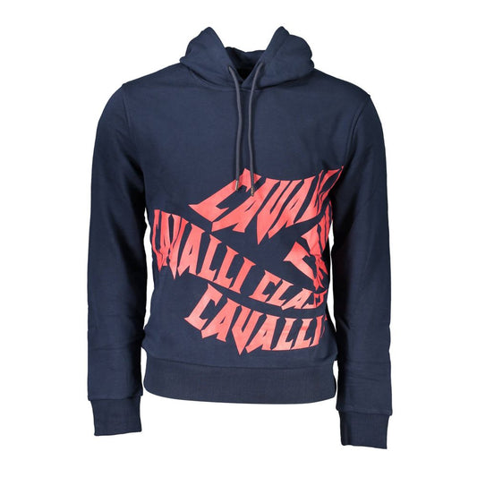 Cavalli Class Blue Cotton Sweater, long-sleeved hoodie with logo print, regular fit. Stylish and comfortable fashion choice.