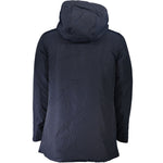 Woolrich Blue Cotton Jacket, long hooded design, 2 pockets, zip and buttons, back view