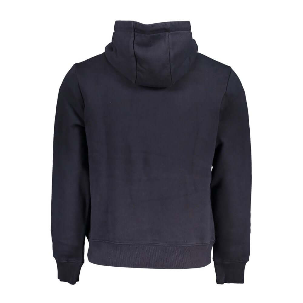 Rear view of Napapijri Blue Cotton Sweater, long-sleeved hooded sweatshirt with fleece, regular fit, and central pocket.