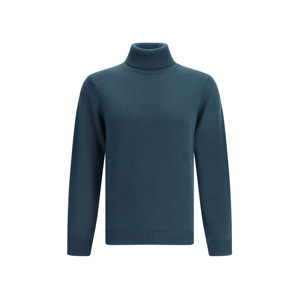 Roberto Collina Green Merino Wool Turtleneck featuring ribbed collar, hem, and cuffs; a versatile sweater for smart or casual looks.