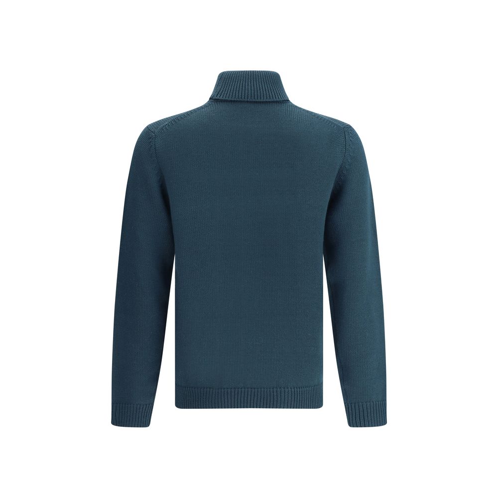 Roberto Collina Green Merino Wool Turtleneck, ribbed and elegant, back view.