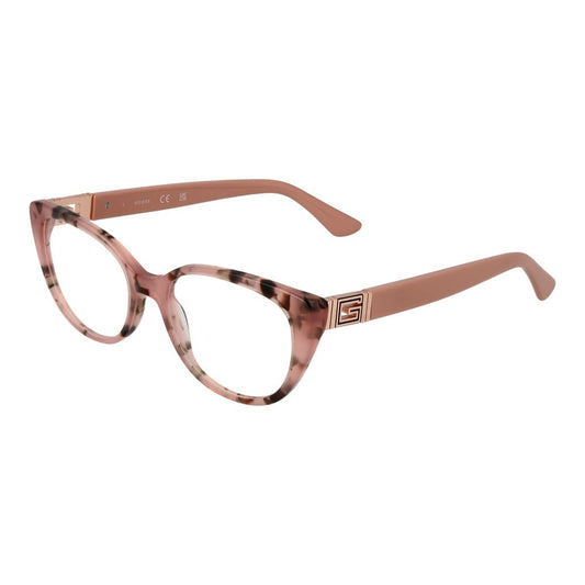 Guess Pink Women Glasses Frame, rose full-rim cat-eye style with plastic material, featuring demo lenses and branded case.