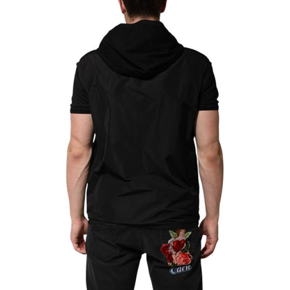 Dolce & Gabbana Black Sleeveless Hooded Logo Plaque Jacket
