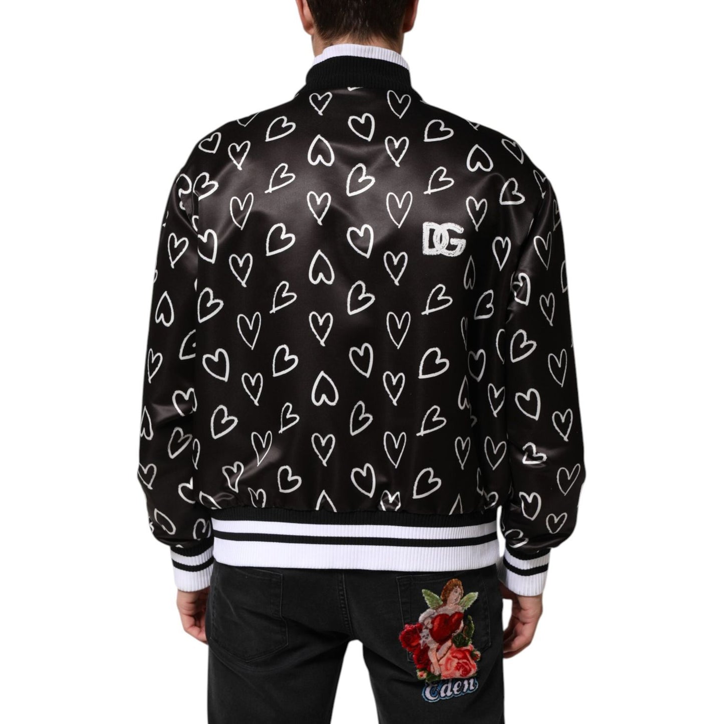 Dolce & Gabbana Black Polyester Heart Print Bomber Jacket JKT41523-44